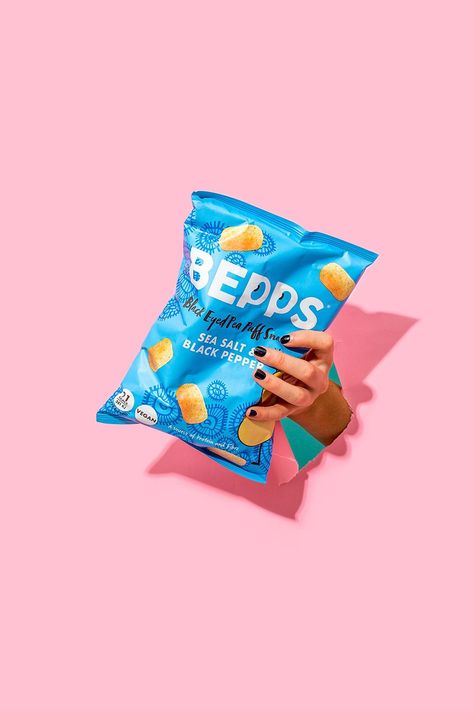 Colourful product photography and content creation for Bepps vegan snacks by Marianne Taylor. Bepps Snacks Photography, Snack Product Photography, Snacks Photoshoot, Snack Photoshoot, Snack Brands, Cafe Branding, Vegan Snacks, Product Photography, Lifestyle Photography