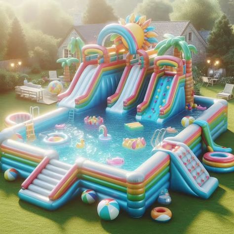 Playground Shape Inflatable Pool: The Ultimate Backyard Upgrade Inflatable Pool Ideas Backyard, Princess Playroom, Dream Sleepover, Makerspace Design, Outside Playground, Inflatable Pool Toys, Backyard Upgrades, Pool Shade, Amazing Bedroom Designs