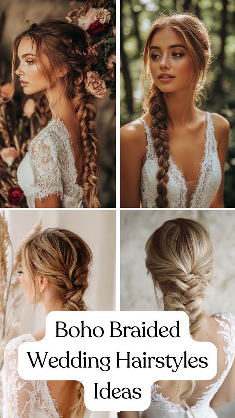 Bride with a boho braided hairstyle featuring a fishtail braid, creating an effortless and romantic wedding look. Braided Hair For Wedding Bridesmaid, Wedding Hairstyles With Braids Updo, Braid Hairstyles For Bride, Braided Hairstyles For Brides, Long Boho Braids Hairstyles, Boho Braided Wedding Hair, Wedding Hairstyles Medium Length Braid, Crown Braid Wedding Hair, Bride Braid Hairstyle