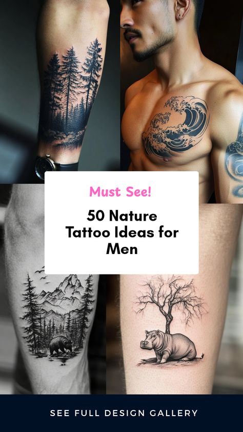 Discover 50 unique nature tattoo ideas for men featuring designs inspired by mountains, forests, and wildlife. This pin uses 4 captivating images to showcase how tattoos can express a passion for the great outdoors. Tattoo Ideas For Men Mountain, Tree Of Life Back Tattoo For Men, Country Half Sleeve Tattoo For Men, Father Son Hunting Tattoo, Forest Themed Tattoos, Tree Of Life Chest Tattoo, Mountain And Trees Tattoo Design, Tree Sleeve Tattoo For Men, Nature Tattoo Ideas For Men