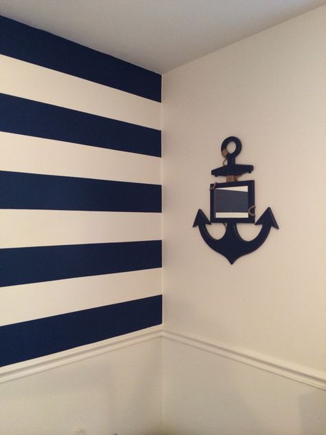 My Baby boy's nautical nursery navy and white stripes anchor chair rail Vertical Stripes On Wall, Asian Paints Wall Designs, Striped Accent Walls, Banana Calories, Room Paint Designs, Nautical Nursery Boy, 2024 Bathroom, Hotel Bedroom Design, Decoration Business