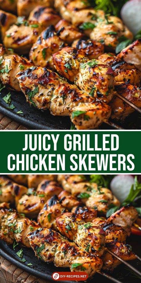 Try these Juicy Grilled Chicken Skewers marinated in a blend of olive oil, soy sauce, and fresh lime juice. Perfectly tender and flavorful! Chicken Skewers Marinade Easy, Healthy Chicken Skewers, Marinated Chicken Skewers Grilled, Chicken Tender Skewers, Greek Chicken Skewers Grilled, Seasoning Grilled Chicken, Chicken Grill Recipes, Chicken Skewers In Oven, Skewer Ideas