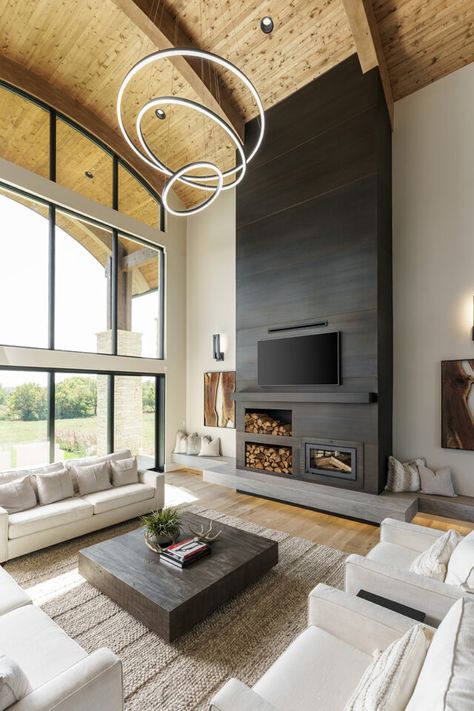 Tall Wall Fireplace Ideas, Modern Contemporary Fireplace, Marble Fireplace Hearth, Modern Fireplace Ideas Living Rooms, Hill Homes, Modern Cabin Interior, Fireplace Modern Design, Fireplace Modern, Cabin Fireplace