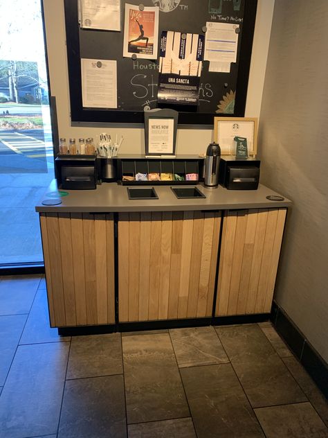 Coffee Shop Condiment Station Bar Ideas, Coffee Shop Condiment Station, Office Food Station, Hostess Station Restaurant, Self Service Coffee Station, Hostess Station, Restaurant Station, Food Counter, Mini Mart