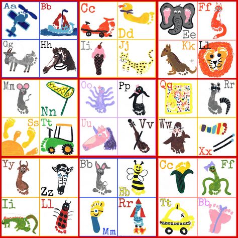 Footprint Letter Crafts, Handprint And Footprint Alphabet Book, Q Footprint Craft, Handprint Alphabet Art, Letter E Footprint Art, Baby Footprint Art Alphabet, D Footprint Craft, J Footprint Craft, Letter I Footprint Craft