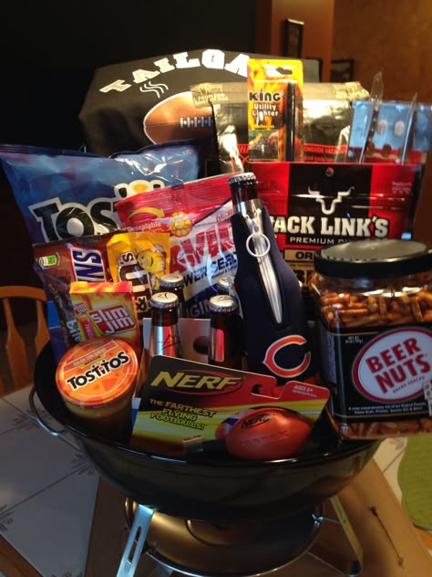 Gift basket for fundraiser.  Tailgate basket Euchre Tournament, Tricky Tray Baskets, Baseball Gift Basket, Silent Auction Gift Basket Ideas, Silent Auction Basket, Tricky Tray, Auction Gift Basket Ideas, Fundraiser Baskets, Theme Baskets