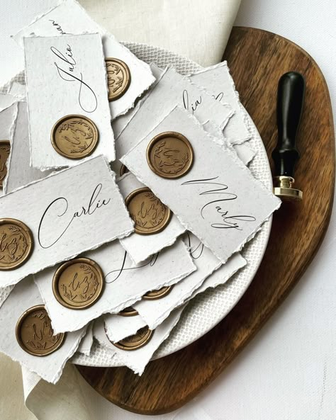 Wax Seal Name Cards, Wax Seal Name Cards Wedding, Wax Seal Place Cards, Calligraphy Types, Skeleton Leaves, Table Name Cards, Wedding Name Cards, Custom Stamp, Name Place Cards