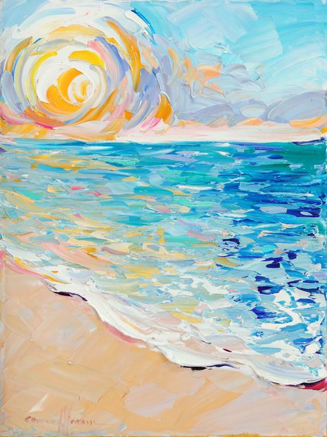 By the Sea – Cara Pabst Moran Sea And Beach Painting, Abstract Beach Art Painting, Cara Pabst Moran, Abstract Art Beach, Ocean Painting Abstract, Beginner Abstract Painting, Beach Art Wallpaper, Illustration Art Beach, Beach Art Drawing