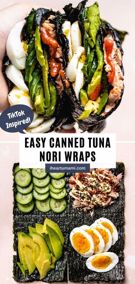 TikTok-inspired Nori Wraps with canned tuna are a fun way to make sushi! Pick-and-choose what goes into the sushi wraps for lunch in minutes! #sushi #nori #seaweed #lowcarb #keto #Whole30 #cannedtuna #tuna #seafood #lunch #snack Nori Tuna Wraps, Keto Seaweed Snacks, Nori Wraps Vegan, Healthy Seaweed Wraps, Nori Snack Ideas, Seaweed Nori Recipe, Nori Lunch Ideas, Nori Snacks Recipe, Keto Nori Wrap