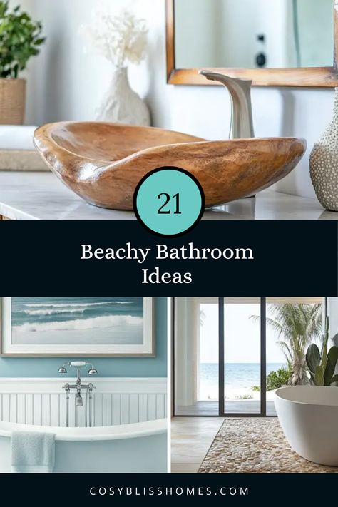 21 Beachy bathroom ideas to help you transform your space into a coastal retreat! Dive into inspiring themes, vibrant decor, and natural textures like driftwood art and vessel sinks. With beach-inspired color palettes and unique features, your bath can radiate relaxation, just like a seaside holiday. Turn your average bathroom into a spa-like experience, saying goodbye to mundane and welcoming fresh coastal vibes. You don’t need to live near the ocean to feel its magic in your home! Bring the beach inside today! Beach Guest Bathroom, Beachy Bathroom Ideas, Small Beach Bathroom, Hawaii Bathroom, Beach Themed Bathroom Ideas, Small Coastal Bathroom Ideas, Small Coastal Bathroom, Average Bathroom, Coastal Bathroom Ideas