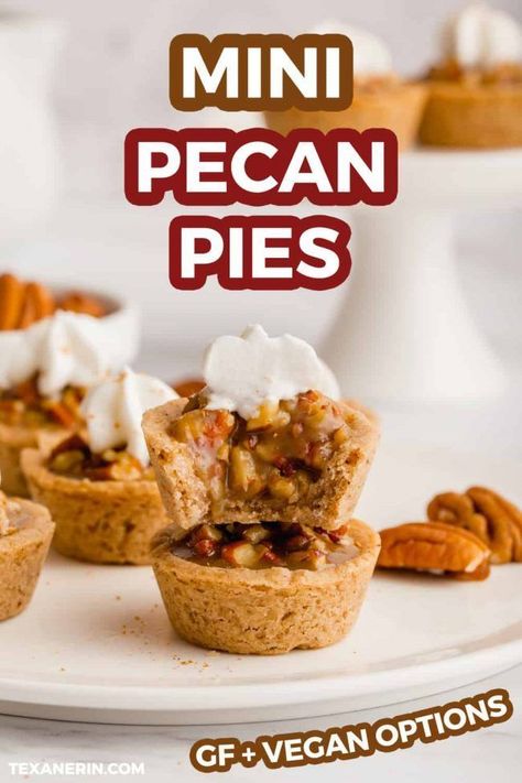 Mini pecan pies are the perfect bite-sized treat! Many pecan pies are made with corn syrup but, these are not! These healthy mini pecan pies can be made gluten-free, 100% whole-grain, or with all-purpose flour. These mini pies also have a vegan and dairy-free option. There is a recipe video included to walk you through the recipe. #pecan #pies #recipes #healthy #dessert #vegan Pecan Pies Recipes, Quick Thanksgiving Desserts, Gluten Free Pecan Pie, Pecan Pie Bites, Recipes Healthy Dessert, Dessert Thanksgiving, Vegan Pecan, Mini Pecan Pies, Pecan Pies