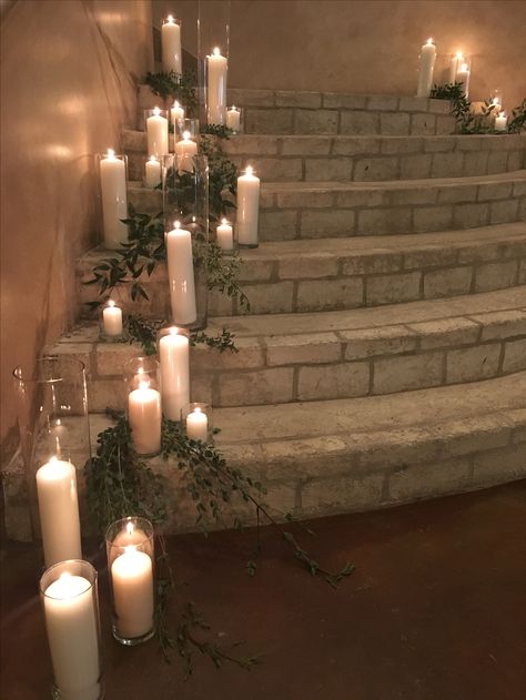 Candle Lit Wedding Alter, Candles Up Stairs Wedding, Greenery And Candle Aisle Decor, Wedding Ceremony Stair Decorations, Floating Candles Wedding Floor, Candle Lit Staircase, Wedding Stairs Candles, Ceremony Aisle Decor Candles, Candles On Steps Wedding