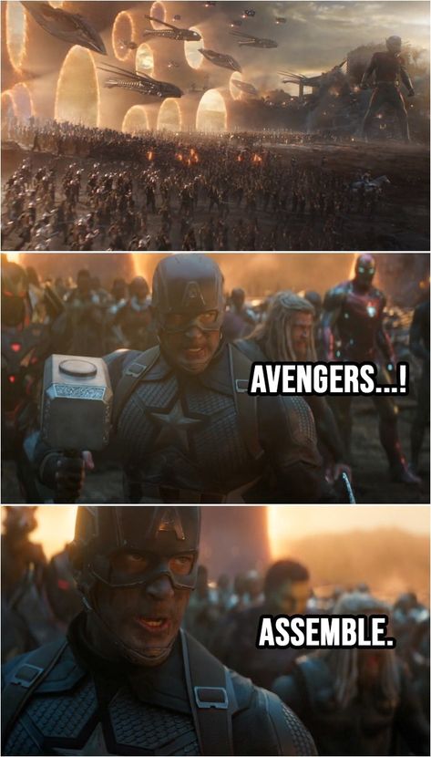 Steve Rogers: Avengers…! Assemble. (Calls Mjolnir to him) From Avengers: Endgame (2019) Best Avenger, Marvel Gifts, Marvel Quotes, Marvel Artwork, Dc Memes, Dc Movies, Avengers Memes, Marvel Films, Avengers Endgame