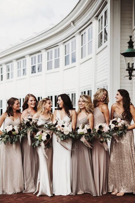 Glitter Bridesmaid Dresses, Mix Match Bridesmaids, Neutral Bridesmaid Dresses, How To Dress For A Wedding, Neutral Dresses, Gold Bridesmaid Dresses, Bridesmaid Colors, Mismatched Bridesmaids, Gold Bridesmaids