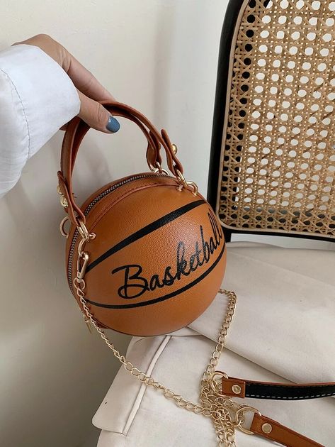 Letter Graphic Basketball Shaped Satchel Bag | SHEIN USA Basketball Purse, Aesthetic Purse, Bags For Women Fashion, Black Leather Briefcase, Female Luxury, Basketball Bag, Heart Shaped Bag, Crossbody Bags For Women, Chain Design