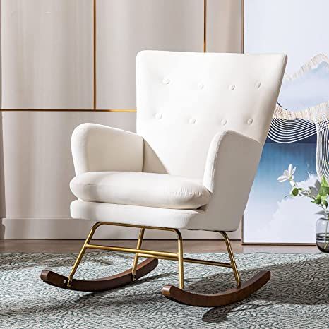 DUOMAY Accent Rocking Chair Modern Tufted Nursery Glider Rocker Velvet Rocking Armchair Living Room Lounge Arm Chair with Gold Legs for Bedroom, White Velvet Rocking Chair, Nursery Glider Rocker, Chair For Nursery, Bedroom Reading Chair, Relax Chair, Wingback Accent Chair, Rocking Armchair, Nursery Glider, Glider Rocker