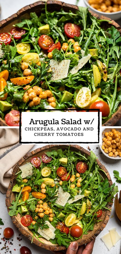 Arugula Cucumber Tomato Salad, Arugula Salad With Chickpeas, Mediterranean Arugula Salad, Vegan Arugula Salad, Arugula Avocado Salad, Chickpea Arugula Salad, Arugala Recipes Salad, Salad Recipes Arugula, Arugula Chickpea Salad