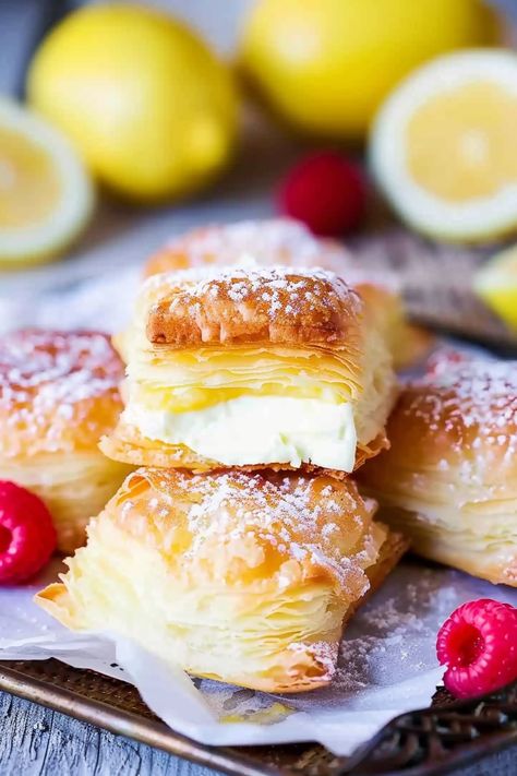 Lemon Cream Cheese Puff Pastries Lemon Cream Cheese Pastry, Hawaiian Cream Puffs, Cream Cheese Turnovers Puff Pastries, Puff Pastry With Lemon Curd, Lemon Phyllo Dessert, Cream Cheese Pastry Recipes, Recipes With Phyllo Pastry, Phyllo Dough Desserts, Mini Puff Pastry Desserts