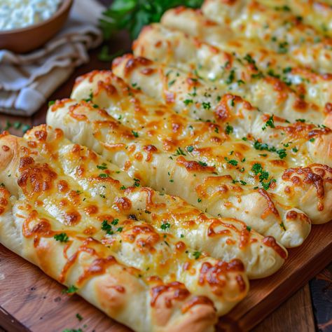 Cheesy Garlic Breadsticks - Good For Recipes Cheesy Garlic Sticks, Cheese Breadsticks Recipe, Bread Finger Food, Cheeses Breadsticks, Yummy Savory Food, Yummy Looking Food, Bread Toppings Ideas, Crispy Breadsticks, Garlic Cheese Breadsticks