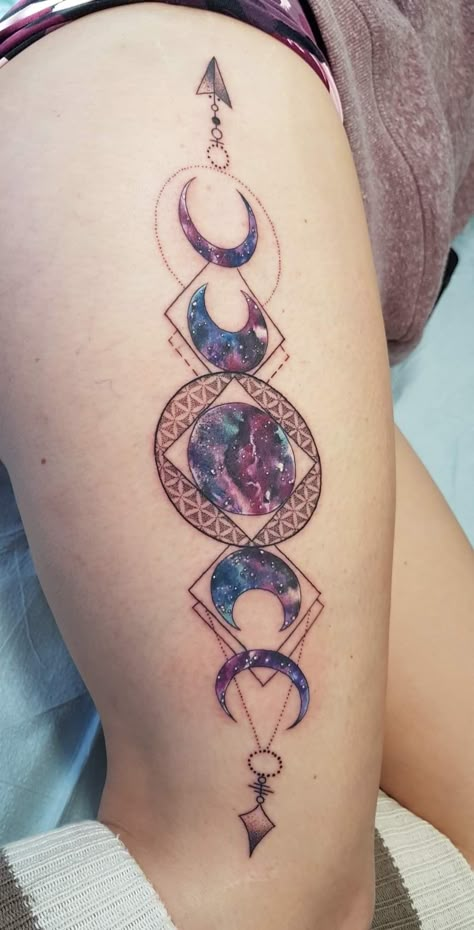 Lunar phases thigh tattoo by Fede Tattoo Art Witchcraft Tattoo, Pagan Tattoo, Wiccan Tattoos, Moon Phases Tattoo, Mystical Tattoos, Revlon Lipstick, Muster Tattoos, Moon Tattoo Designs, Thigh Tattoos Women