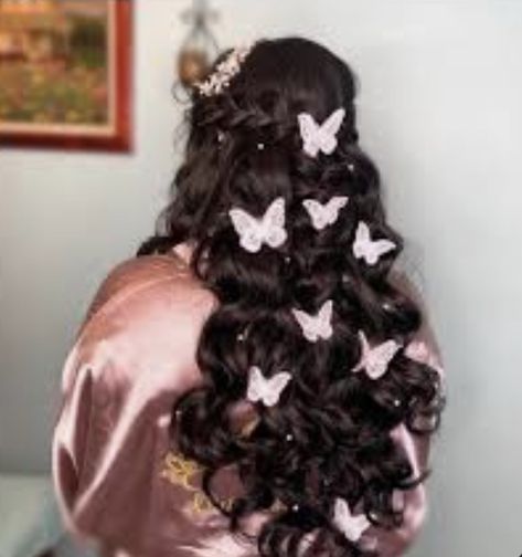 Quince Hairstyles Butterfly, Hairstyles For Sisters Quince, Quince Hairstyles With Crown And Butterflies, Quince Hair With Butterflies, Quinceanera Hairstyles With Butterflies, Quince Hairstyles With Butterflies, Debut Hairstyles With Crown, Pink Butterfly Quinceanera Theme, Purple Quinceanera Dresses Butterfly