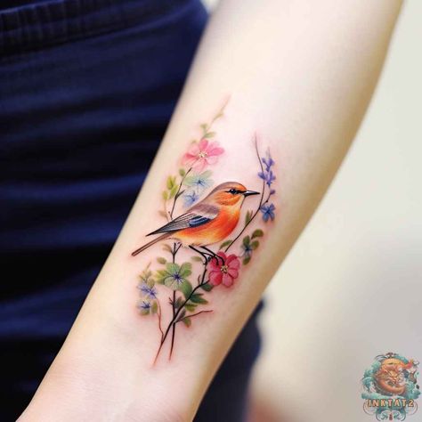 Bird With Flowers Tattoo, Robin Tattoo Design, Bird Of Paradise Tattoo, Floral Watercolor Tattoo, Natur Tattoo Arm, Bird And Flower Tattoo, Robin Tattoo, Bird With Flowers, Watercolor Tattoo Ideas