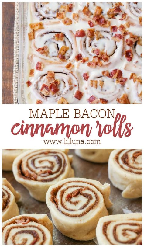 Melt-in-your-mouth Maple Bacon Cinnamon Rolls are the yin and yang of salty and sweet, and are sinfully addicting! #maplebaconcinnamonrolls #cinnamonrolls #maplecinnamonrolls #maplebacon #cinnamon Valentine Cinnamon Rolls, Maple Bacon Desserts, Maple Bacon Cinnamon Rolls, Maple Bacon Recipes, Savory Rolls, Bacon Cinnamon Rolls, Maple Recipes, Sweet Roll Recipe, Roll Recipes