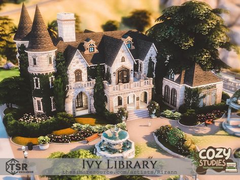 The Sims Resource - Cozy Studies - Ivy Library - No CC Sims 4 Chimney, English Library, Library Architecture, City Library, Sims 1, Cc Sims, Sims 4 Houses, Sims House, Animal Skin