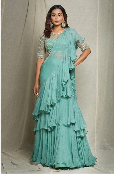 Ruffle Saree Designs, Ruffle Blouse Designs, Chiffon Embroidery, Ruffle Sarees, Indian Kurti Designs, Western Dresses For Women, Draped Saree, Sleeves Embroidery, Anushree Reddy