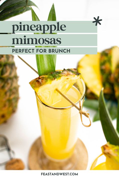 Made with pineapple juice and champagne, Pineapple Mimosas have the tropical, tiki twist and beach vibes that summer brunches & parties need. Pineapple Mimosa Recipe, Summer Entertaining Recipes, Frozen Drinks Alcohol, Sparkling Lemonade, Banana Waffles, Champagne Drinks, Pineapple Cocktail, Mimosa Recipe, Pineapple Strawberry