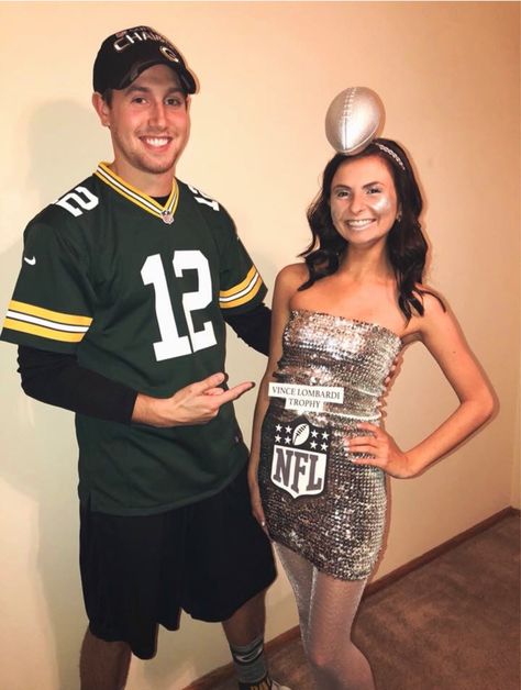 Aaron Rodgers, Vince Lombardi trophy, Green Bay packers, Halloween couples costume College Couples Costumes Halloween, Football Couple Halloween Costumes, Couple Halloween Costumes Dallas Cowboys, Football Couple Costume, Despicable Me Couple Costume, Basketball Couple Costumes, Halloween Customers For Couples, Football Halloween Costume Couple, Golf Couple Costume