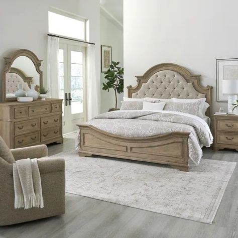 Magnolia Manor Upholstered Bed, Dresser and Mirror, and Nightstand Set - On Sale - Bed Bath & Beyond - 39882979 Manor Bedroom, Upholstered Bedroom Set, Bed Dresser, Upholstered Bedroom, Changing Table Dresser, King Upholstered Bed, Queen Upholstered Bed, Dresser Mirror, Bedroom Panel