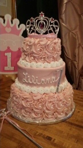 Sam's Club three tiered cake! White with pink buttercream rosettes and pearl accents. Only $70! Added tiara and wand from dollar store and number one pick from ac moore $5. Three Tiered Cake, Buttercream Rosettes, Tiara Cake, Pink Buttercream, Quinceanera Cakes, Cake White, 16 Birthday Cake, Tiered Cake, Princess Cake