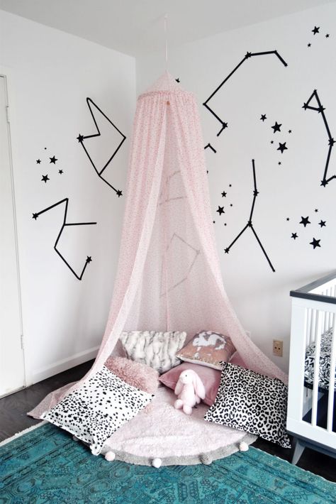 DIY Nursery Canopy with Spoonflower • theStyleSafari Diy Nursery Canopy, Amelie Room, Girl Nursery Diy, Nursery Diy, Canopy Bed Diy, Baby Nursery Diy, Nursery Canopy, Diy Crib, Crib Canopy