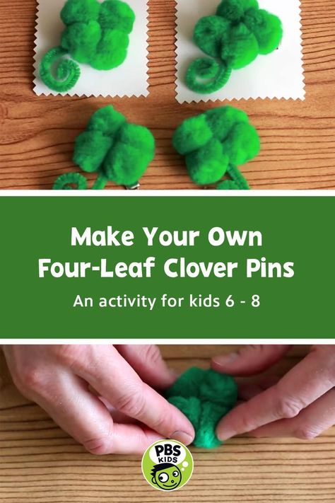 Little four leaf clover pins laid out on a table, made from green pompoms and pipe cleaners 4h Cloverbud Activities, Four Leaf Clover Crafts For Toddlers, Real Four Leaf Clover Crafts, Four Leaf Clover Art For Kids, Clover Kids Projects 4-h, 4 H Clover, Senior Living Activities, Pbs Kids, Four Leaves