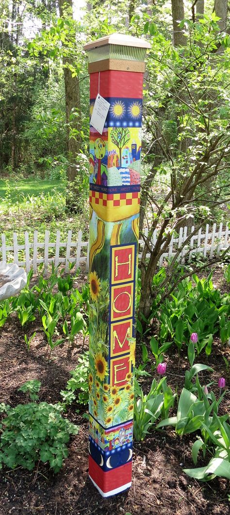 Peace Pole  Home Sweet Home by ASignOfPeace on Etsy                                                                                                                                                                                 More Peace Pole, Solar Light Crafts, Garden Totem, Tuscan Garden, Art Pole, Painted Post, Garden Totems, Garden Poles, Pole Art