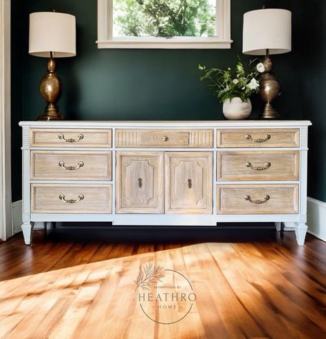 **SOLD-DO NOT OURCHASE** ITEM REMAINS IN SHOP AS AN EXAMPLE OF WORK. This rustic vintage dresser / buffet / credenza has been refinished in an off-white/taupe color with raw/white-waxed drawer fronts. Original brass hardware. Solid wood construction with clean dove-tail jointed drawers.  74W 20D 33H All sales final. Heathro Home is not responsible for any damages that may occur in transit. Vintage Buffet Cabinet, Refinished Buffet, Farmhouse Buffet, Buffet Decor, Antique Buffet, Vintage Buffet, Painting Wood Furniture, Wood Buffet, Vintage Dresser