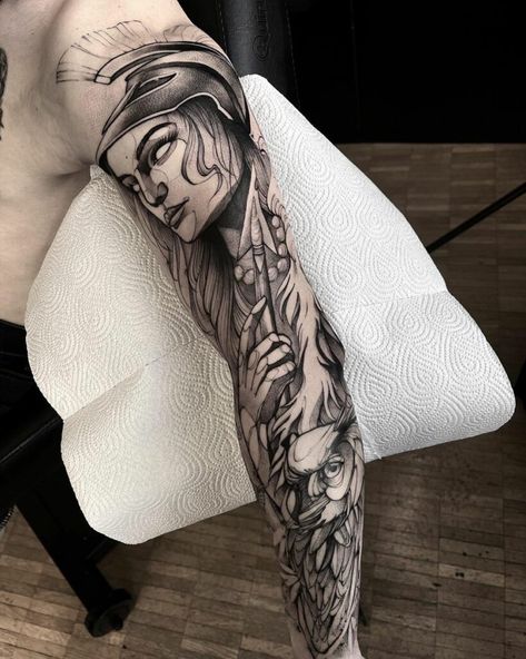 Athena Tattoos 26 Athena Sleeve Tattoo, Athena Tattoos, Forearm Tats, Greek Goddess Tattoo, Tattoo Ideas For Females, Athena Tattoo, Female Warrior Tattoo, Tattoo Process, Statue Tattoo