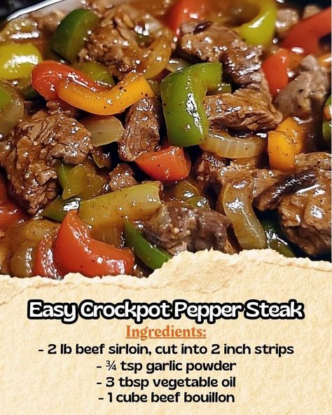 Crock Pot Pepper Steak, Crockpot Pepper Steak, Crockpot Stuffed Peppers, Crockpot Steak, Pepper Steak Recipe, Beef Sirloin, Pepper Steak, Steak Recipe, Grandmas Recipes