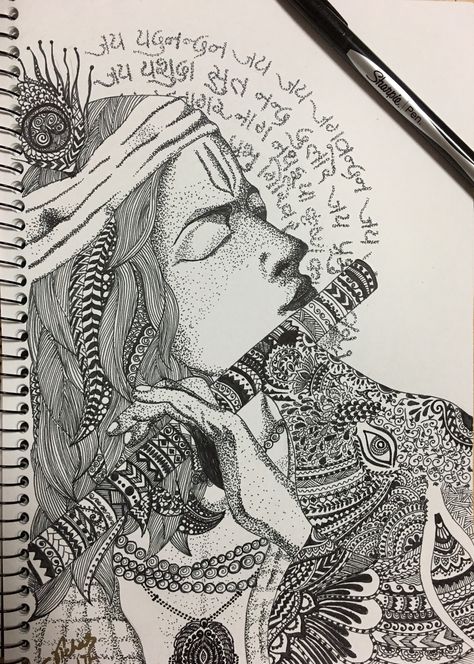 Doodle Krishna Art, Krishna Zentangle Art, Radhe Krishna Mandala Art, Radhakrishna Mandala Art, Krishna Pen Art, Black Pen Art Work, Krishna Doodle Art, Lord Krishna Mandala Art, Mandala Art Krishna