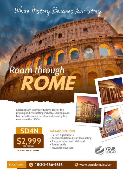 Design created with PosterMyWall Tourism Flyer, Travel To Rome, Rome Poster, Travel Flyer, Trip To Rome, Tourist Guide, Halal Recipes, Flyer Poster, Flight Ticket