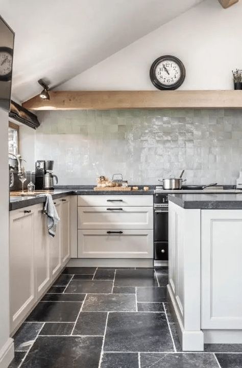 a cozy kitchen with shaker style cabinets Black Stone Countertops, Green Zellige Tile, Zellige Tile Backsplash, Metal Countertops, Grey Kitchen Tiles, White Kitchen Countertops, Modern Grey Kitchen, Dark Green Kitchen, Green Backsplash