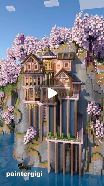 Cliff Side Minecraft Builds, Cliff Side Base Minecraft, Cherry Blossom Cliff House Minecraft, Cliff Castle Minecraft, Cliffside Base Minecraft, Cliff Minecraft House, Minecraft Cliff Builds, Cliff Base Minecraft, Minecraft Cliff House Ideas