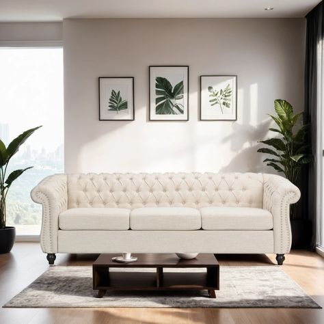 Chesterfield 3-Seater Sofa with Button Tufting and Nailhead Trim, Beige - Bed Bath & Beyond - 41260174 Button Sofa Design, 3 Seater Sofa Design Living Rooms, Tufted Couch Living Room, Tufted Sofa Living Room, Chesterfield Sofa Living Room, 3 Sofa, Affordable Sofa, Modern Sofa Designs, Beige Bed