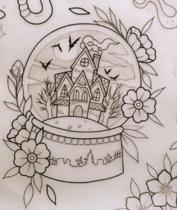 Spooky Snow Globe Tattoo, Crystal Ball Tattoo Ideas, Halloween Snowglobe Tattoo, Spooky Season Tattoos, Halloween Theme Tattoo, Snow Globe Tattoo, Kitchy Halloween, Salem Tattoo, Snowglobe Tattoo