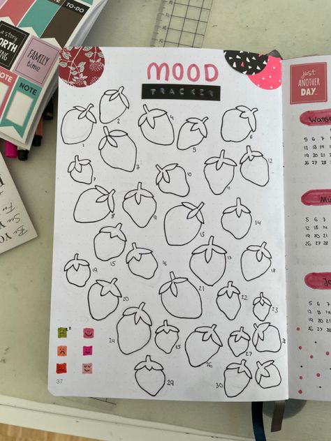 Strawberry Mood Tracker, Strawberry Bujo, Bulletin Journal, Bulletin Journal Ideas, Mood Tracker, Family Time, Journal Pages, Journal Ideas, Bullet Journal