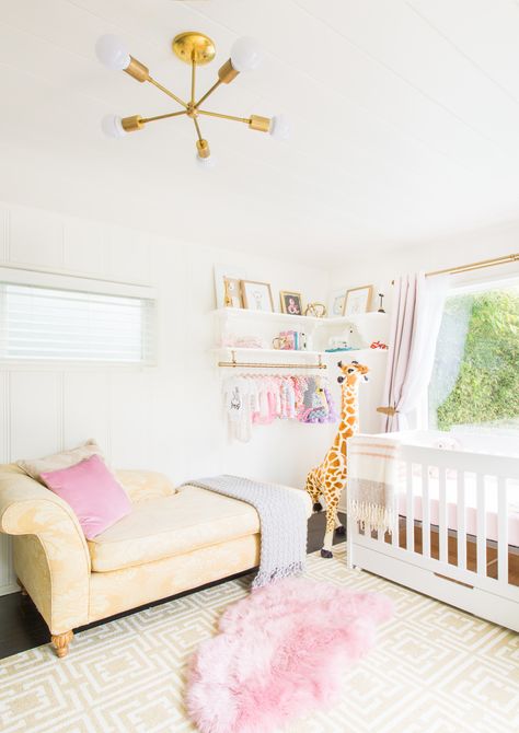 A California couple designed a nursery for their baby girl with bold colors, glamorous textures, and bold pattern play for a truly unique look. Nursery Ideas Luxury, Colourful Nursery Ideas, Glamorous Nursery, Nursery Photography, Glam Nursery, Colourful Nursery, Girl Nurseries, Feminine Nursery, Eclectic Glam