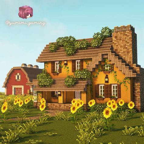 Cozy Yellow Cottagecore Sunflower House with a Barn in the distance built in Minecraft Minecraft Sunflower, Modern Minecraft Houses Interiors, House Builds Minecraft, Modern Minecraft Houses Tutorials, Minecraft House Survival, Minecraft House Ideas Survival, Simple Minecraft House, Minecraft House Blueprints, Minecraft Houses Tutorials