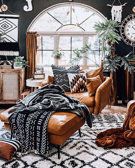 Rust And Green Bedding, Aztec Living Room Ideas, Western Gothic Living Room, Rust And Black Bedroom, Curated Loft, Modern Western Living Room, Black And Rust Living Room, Industrial Boho Decor, Boho Industrial Living Room