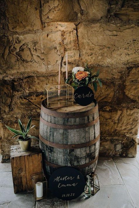 Whiskey Barrel Card Box Wedding, Whiskey Barrel Table Wedding, Rustic Barrel Wedding Decor, Barrel At Wedding, Wooden Barrel Table, Wooden Barrel Wedding Decor, Whiskey Barrel Ideas Wedding, Whiskey Bottle Wedding Decor, Bourbon Barrel Wedding Decor